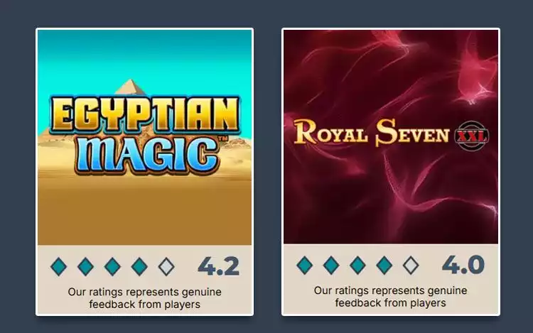 Prime Casino's rating for select Oryx Gaming slots: Egyptian Magic and Royal Seven XXL