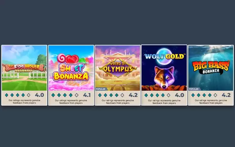 Prime Casino Rating for Pragmatic Play's select slots: Gates of Olympus, Sweet Bonanza, The Dog House Megaways, Big Bass Bonanza and Wolf Gold slots