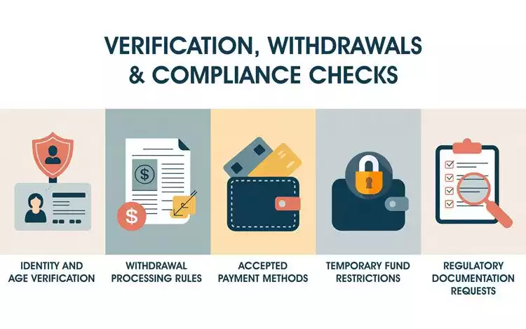Infographic showing compliance conditions: ID card for identity verification, bank transfer for withdrawal rules, credit card for accepted payments, locked wallet for fund restrictions, and checklist for regulatory documentation.