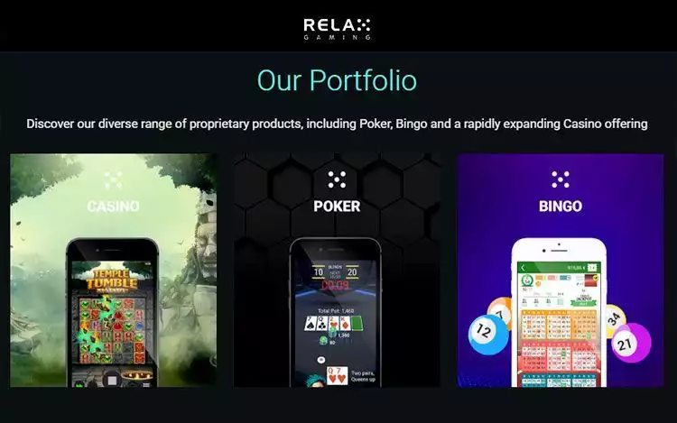 relax gaming game portfolio section showcasing casino, poker and bingo offering from developer's official website welcome page
