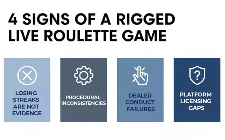 an infographic listing four signs that a live roulette game may be rigged: losing streaks are not evidence, procedural inconsistencies, dealer conduct failures, and platform licensing gaps