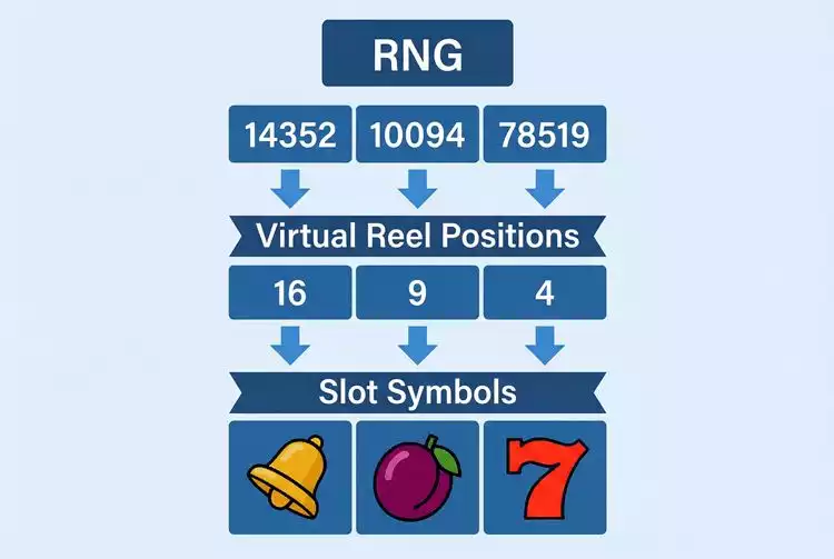 Educational diagram showing RNG numbers mapped to virtual reel positions, with arrows pointing to slot symbols, clear and simple design