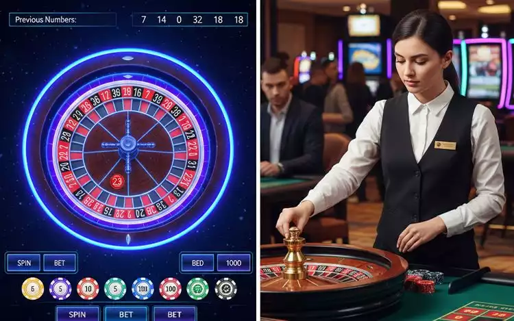 Illustration of online RNG roulette interface compared with land-based dealer spinning a wheel.