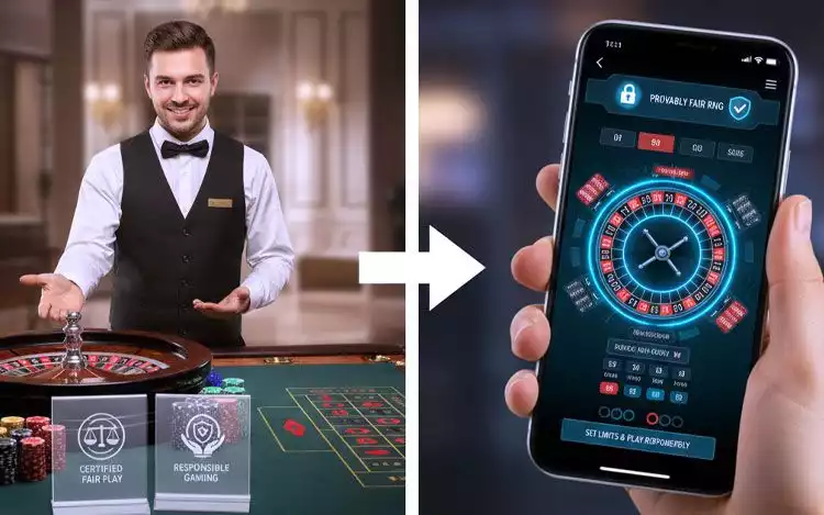 Side by side comparison of Live dealer roulette table with a human croupier and a digital RNG roulette interface on a mobile screen.