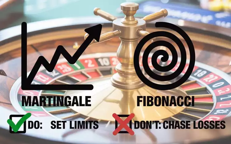 Icons of Martingale and Fibonacci betting systems with crossed-out markers, accompanied by tick symbols for realistic roulette tips