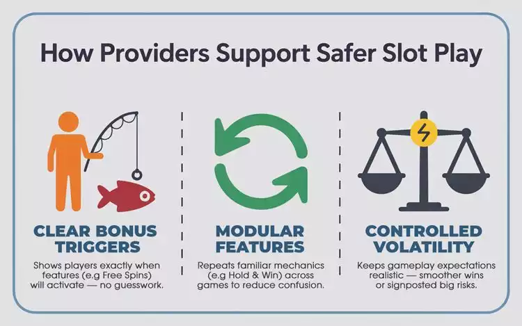 Infographic showing how slot providers support safer gambling design with clear bonus triggers, modular features like Hold & Win, and controlled volatility to help manage player expectations.