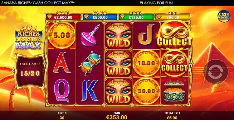 Sahara Riches Cash Collect MAX slot game screen with triggered features