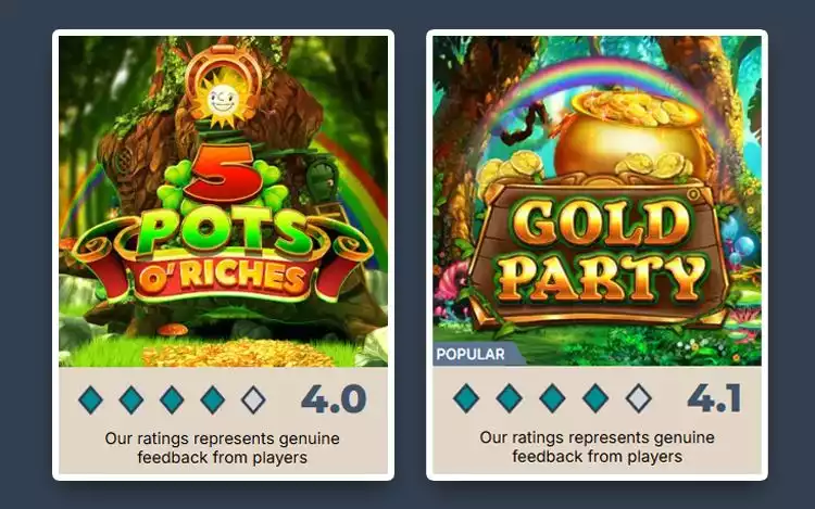 Prime Casino rating for Irish-themed slots such as: Gold Party and 5 Pots o' Riches