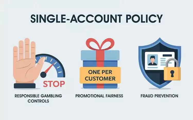 Infographic showing responsible gambling controls, promotional fairness, and fraud prevention as reasons for enforcing single-account casino policies