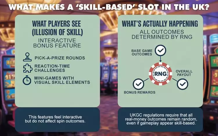 A two-part infographic explaining the illusion of skill in slots