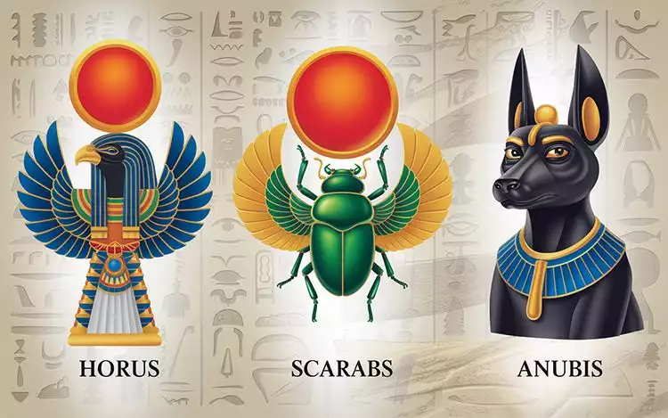Egyptian-themed slots sample symbols of gods, deities and sacred animals: Horus, Scarabs and Anubis