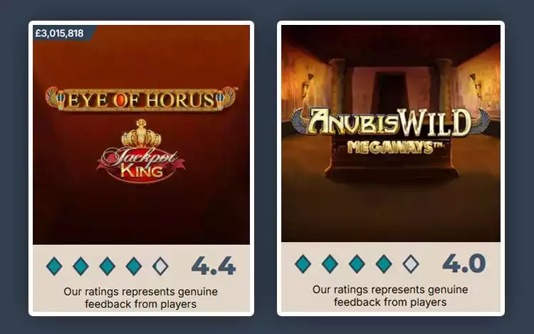 Prime Casino rating for Egyptian-themed slots with different format such as: Anubis Wild Megaways and Eye of Horus Jackpot King slots