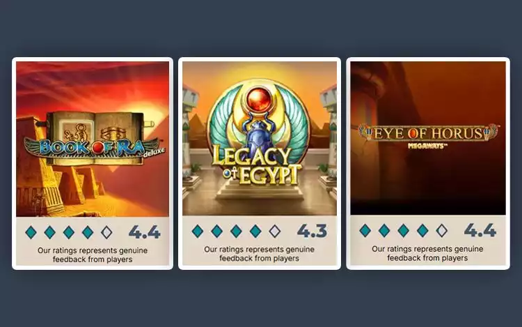 Prime Casino rating for Egyptian-themed titles such as Book of Ra, Legacy of Egypt and Eye of Horus Megaways