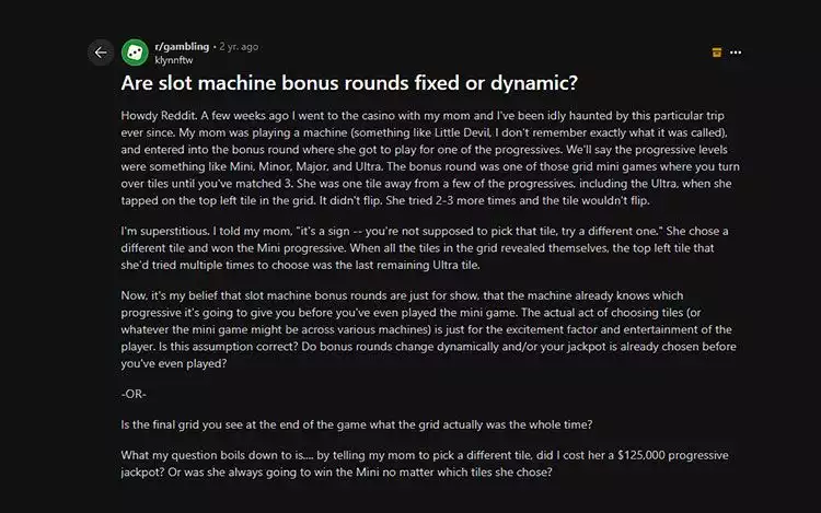 Sample slot feature bonus case scenario from Reddit: Player describes a grid-style bonus round on ‘Little Devil’ and questions whether the outcome was fixed or dynamic