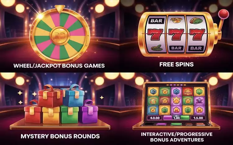Four-panel graphic illustrating slot game bonus types