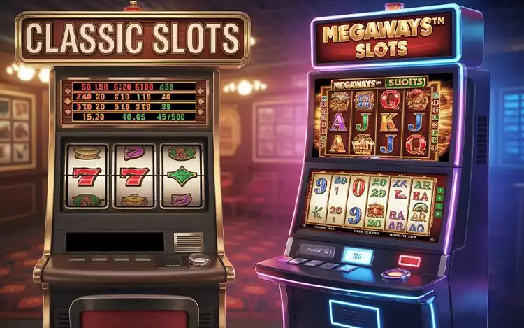 Comparison of a traditional slot machine with fixed paylines versus a Megaways™ slot