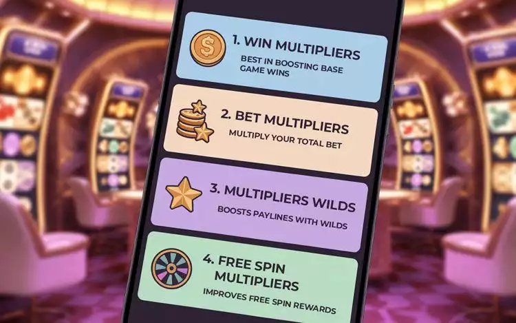 infographics on slot multiplier types such as base game, free spins, wilds, progressive and sticky multipliers