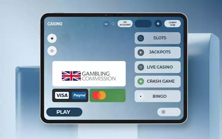 Illustration of a UKGC-licensed casino, featuring a certification badge, secure payment icons, and responsible gaming tools like deposit limits and time-outs
