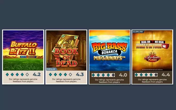 Prime Casino ratings for slot games: Buffalo Blitz 2, Book of Dead, Big Bass Bonanza Megaways and Deal or No Deal: What's in the Box Jackpot King