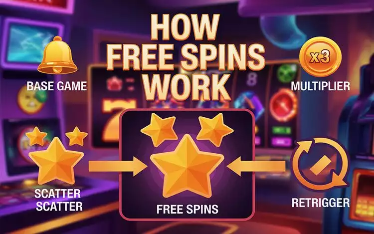 an explainer on how free spins work from base game spin activates free spins with bonus features like multipliers and sticky wilds