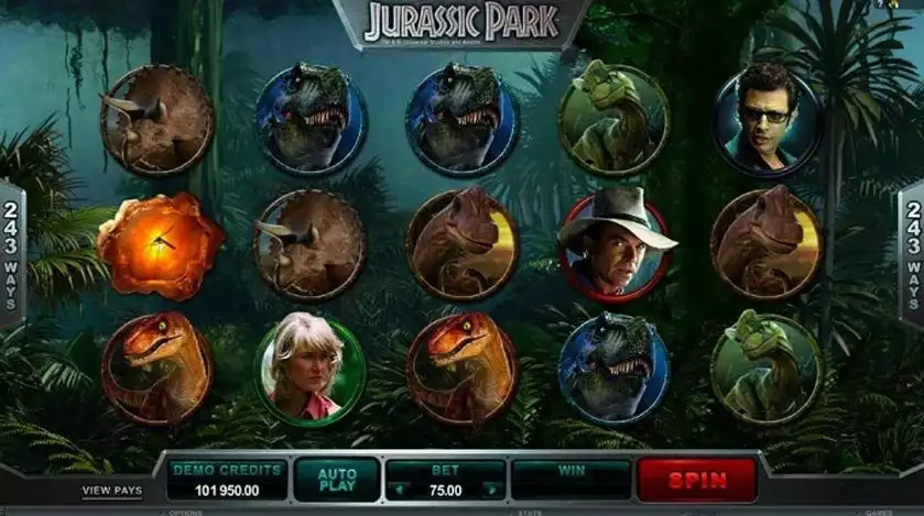 Movie-themed slot Jurassic Park game screen