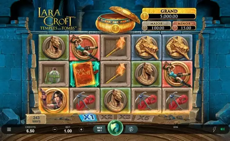 Games Global movie-themed slot Lara Croft Temples and Tombs game screen