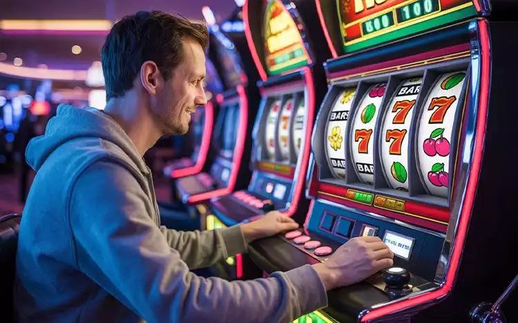 Man playing slot machine with Bars on the reels