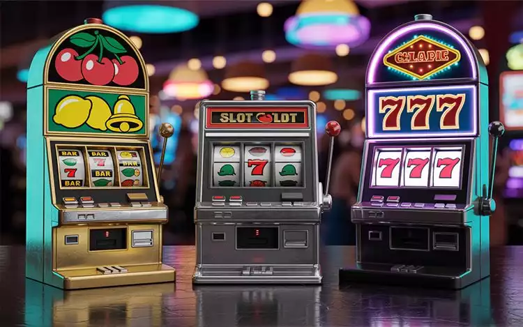 A stylised illustration showing three classic slot machine themes