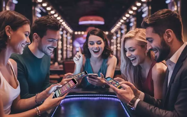 casino game players holding mobile devices playing multi-player online slots