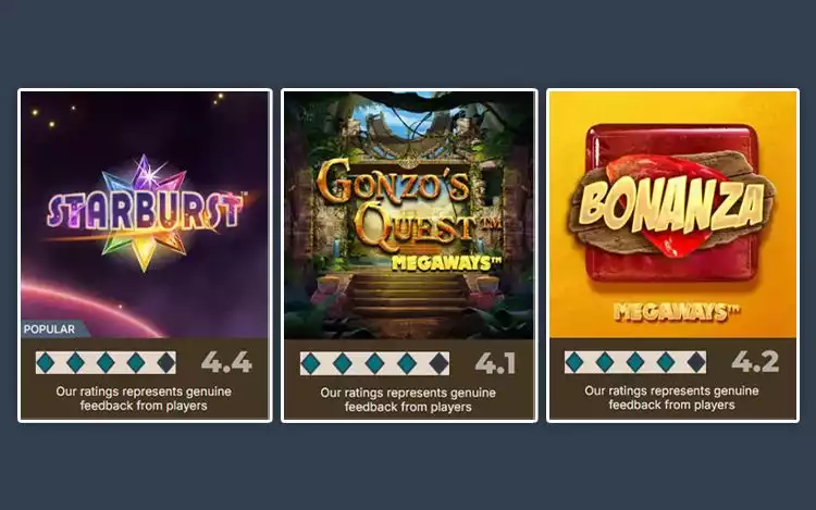 Prime Casino's ratings for Evolution Gaming slots: Starburst, Gonzo's Quest Megaways, Bonanza Megaways