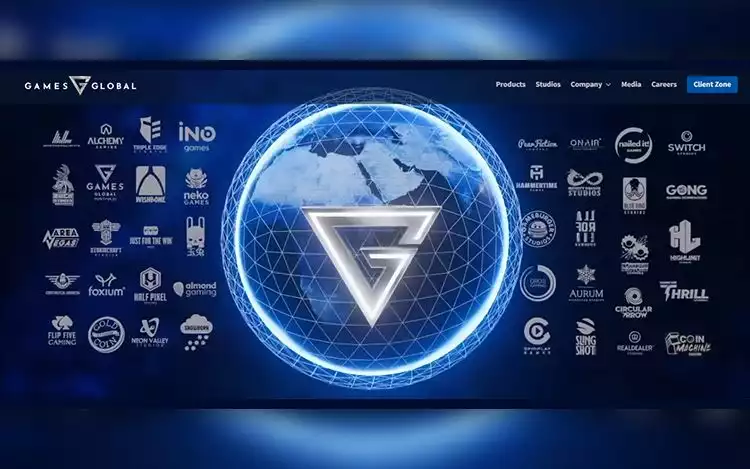 Games Global logo centered with a glowing triangle symbol, surrounded by various gaming company logos on a digital, futuristic globe background