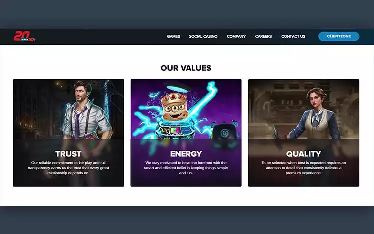 screenshot of slot provider Play 'N Go showing company values: Trust, Energy and Quality