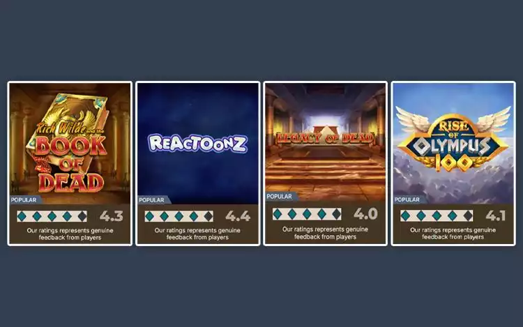 Prime Casino rating for Play'n Go slots: Book of Dead, Reactoonz, Legacy of Dead and Rise of Olympus