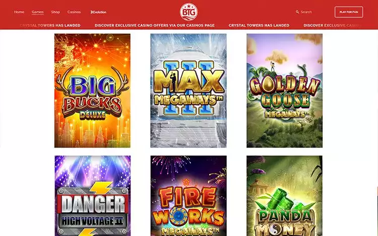Big Time Gaming's Game Page featuring Megaways slots