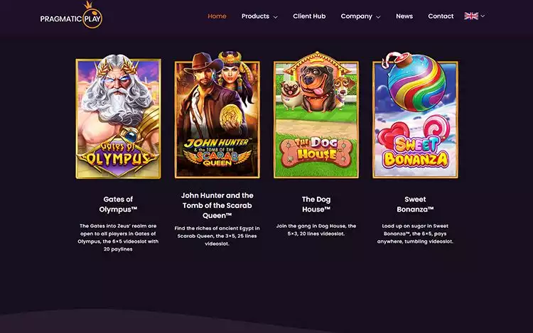 main page of Pragmatic Play's website with featured slots