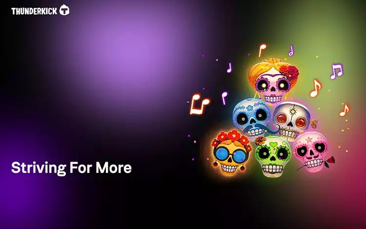 Colorful Day of the Dead-style skulls with musical notes, representing Thunderkick's vibrant and innovative gaming spiri
