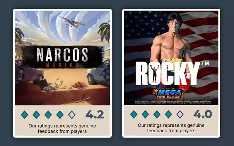 Prime Casino's ratings for film and tv slot theme games Narcos Mexico and Rocky