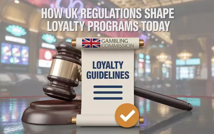 A gavel and UK Gambling Commission logo next to a document outlining loyalty program requirements.
