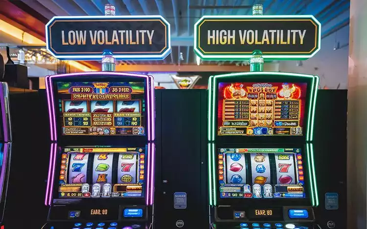  a two panel contrasting illustration of low volatility and high volatility in slots