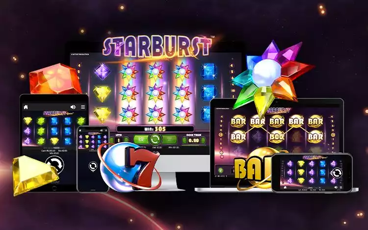 promo poster of Starburst low volatility slots in multiple devices