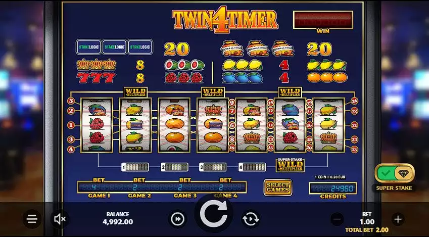 Stakelogic's Twin4Timer slot gameplay showing Dual Reel mechanics