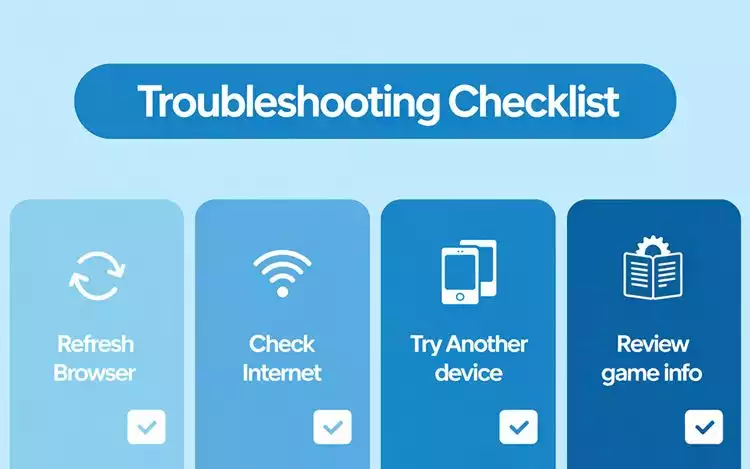checklist illustration with labeled icons: Refresh Browser, Check Internet, Try Another Device, Review Game Info