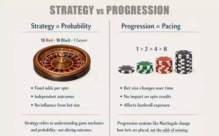 Split-panel infographic comparing roulette strategy (probability-based) and progression (pacing-based)