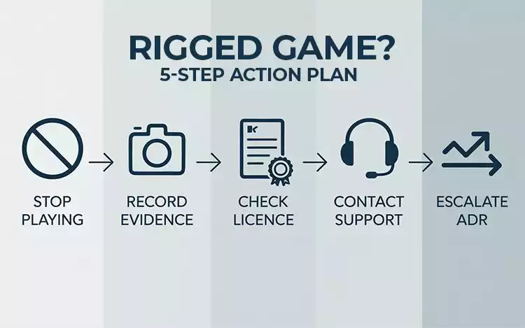 Infographic showing steps if suspecting rigged French Roulette: stop, record, check licence, contact support, escalate ADR.