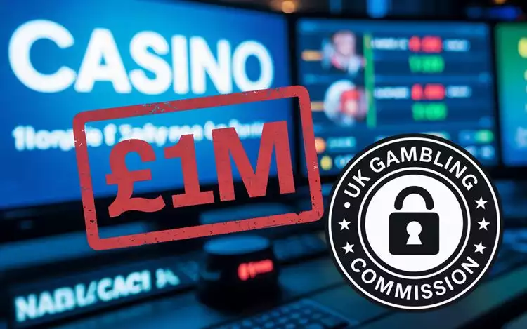 UKGC £1m fine stamp over blurred online casino interface with compliance icon.