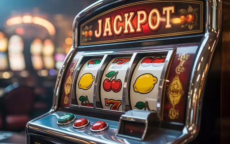 Vintage fruit machine symbols including cherries, lemons, and BAR icons on a mechanical slot reel