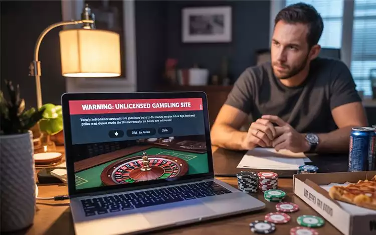 an online roulette table with a warning sign overlay
