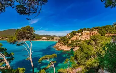 Blue sky and blue sea surrounded by trees with Spanish style homes in the background on a hill