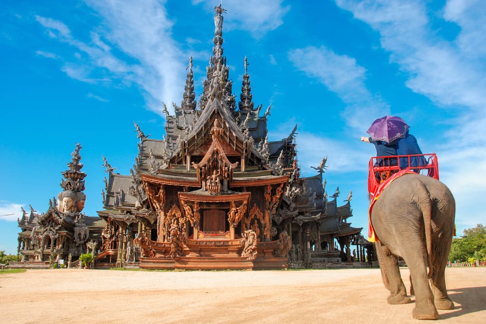 Thai temple elephant rides at the Sanctuary of Truth in Pattaya, Thailand