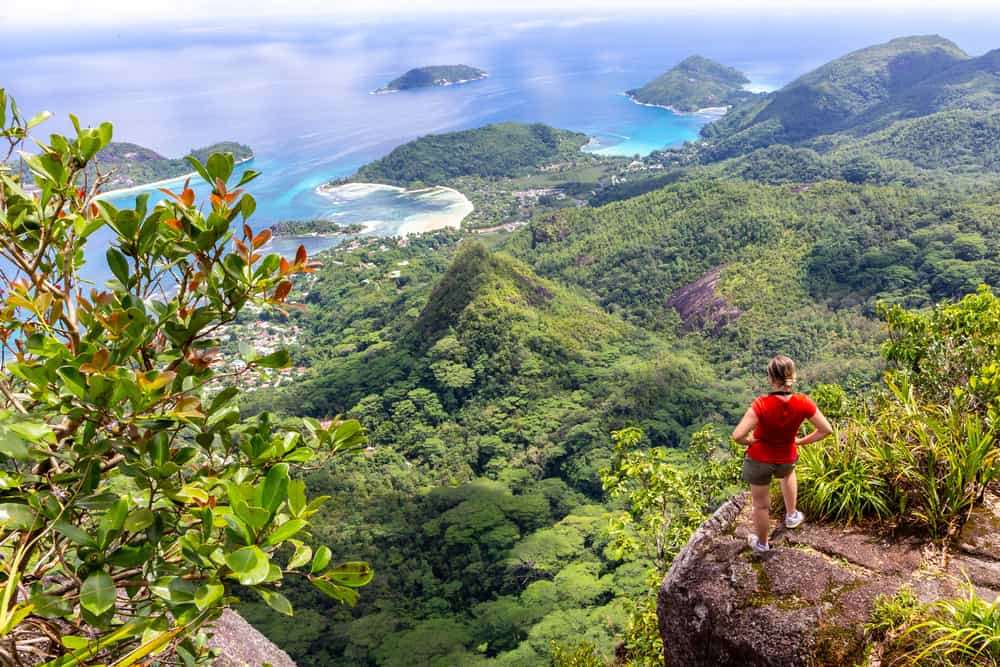 Person in a red t-shirt overlooking Mahe Island coastline with lush tropical trees and clear blue ocean
